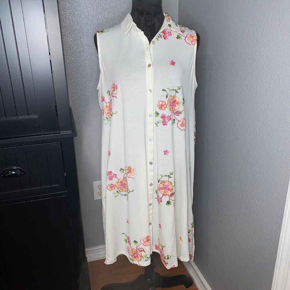 Figueroa & Flower Shirt Dress L Floral Embroidered Boho Resort Cottagecore Flowy